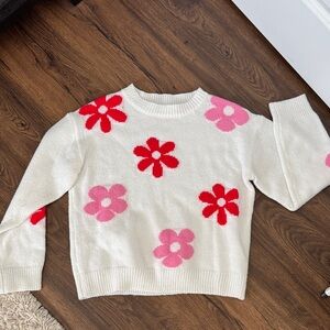 White Sweater with Red and Pink Floral Design